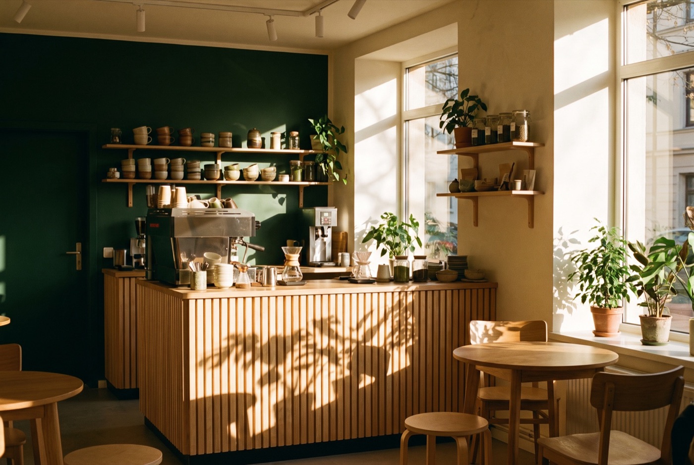Kına Matcha Coffee iç mekânı: ahşap tezgah, seramik fincanlar ve yeşil duvar